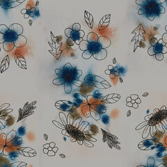 Seamless pattern created from a painting with watercolor stains and lineart flowers in India ink in shades of blue, terracotta and gray