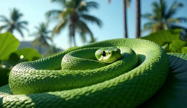 A vividly hued green pit viper positioned atop lush vegetation in a tropical setting under an open sky.