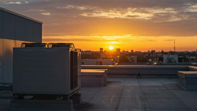 Rooftop sunset view with air conditioning units against city skyline  