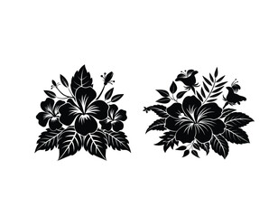 2 black-silhouette-of-hibiscus-flowers-and-leaves-in white background
