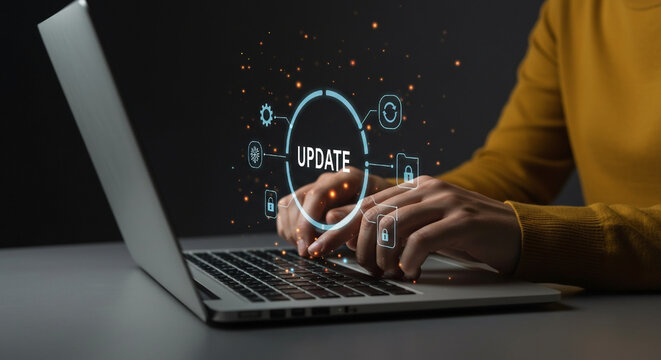 Person working on laptop with update icon overlay depicting software upgrade progress and cyber security features