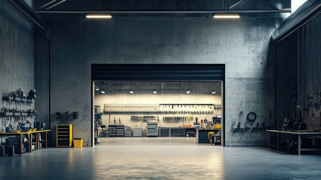 Sliding garage-style door in an industrial workspace, partially open to tool wall