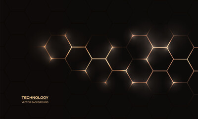 Naklejka na ściany i meble Black and gold hexagonal technology abstract background with honeycombs. Vector illustration