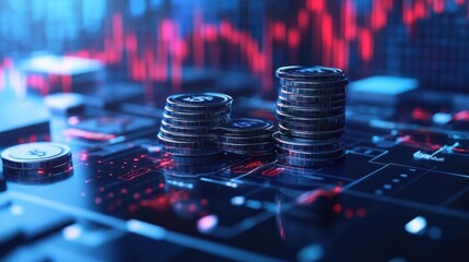 Stacks of coins on a circuit board with a financial chart in the background in blue and red tones