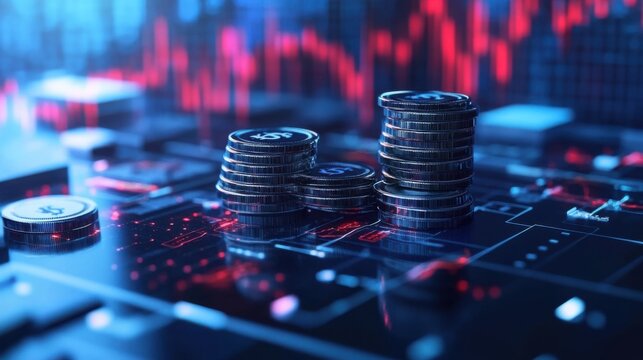 Stacks of coins on a circuit board with a financial chart in the background in blue and red tones - Powered by Adobe