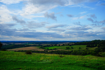 Views over patchwork farm fields in the United Kingdom