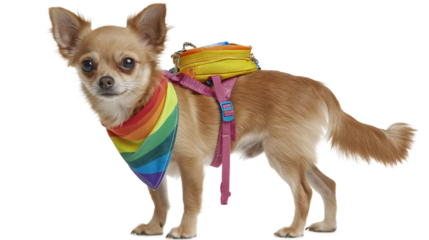 Chihuahua with rainbow bandana and tiny backpack, standing still, white background, isolated PNG