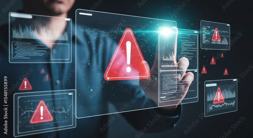 Fototapete man interacting with a futuristic digital interface highlighting warning signs and data analysis for