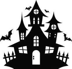 Spooky haunted house or halloween haunted house vector illustration silhouette vector at night with a halloween bat