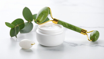Jade Roller with Cream Skincare Beauty Routine Facial Massage Natural Wellness