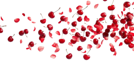 Cherries floating in the air, isolated on transparent background