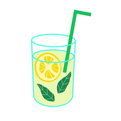 Glass with summer refreshing cocktail lemonade vector illustration on isolated background. Food drinks with water, lime and mint. Design element for menu, card, paper, card, sign, logo. Flat graphic