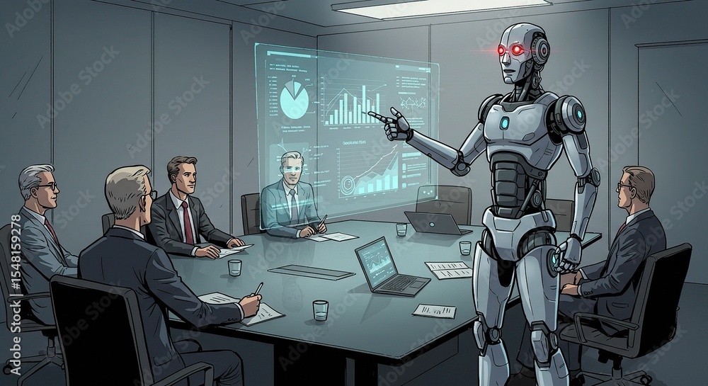 Poster a robot presenting data to executives in a conference room with holographic displays and laptops sho