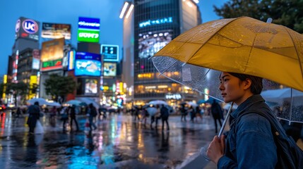 Rainy Night in Shibuya: A young person stands under a yellow umbrella on a rainy night in Shibuya, Japan, the bright neon signs and reflections shimmering in the wet pavement.