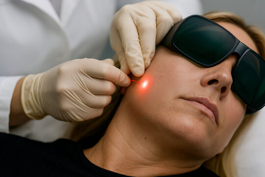 Endolifting procedure with red subdermal laser light and fiber insertion on lower face