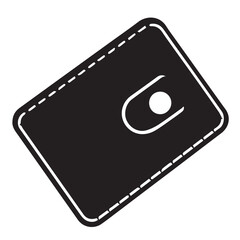 A black vector illustration of a wallet with a snap closure and stitched details, representing finance or personal belongings.