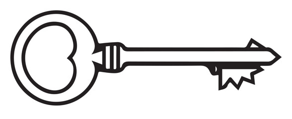 A simple black and white vector outline of an old-fashioned key with an ornate head and jagged teeth.
