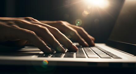 Hands typing on laptop keyboard in dimly lit environment  