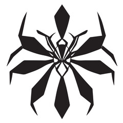 A striking black vector design of a stylized spider with sharp, geometric legs and body segments, centered on a white background.