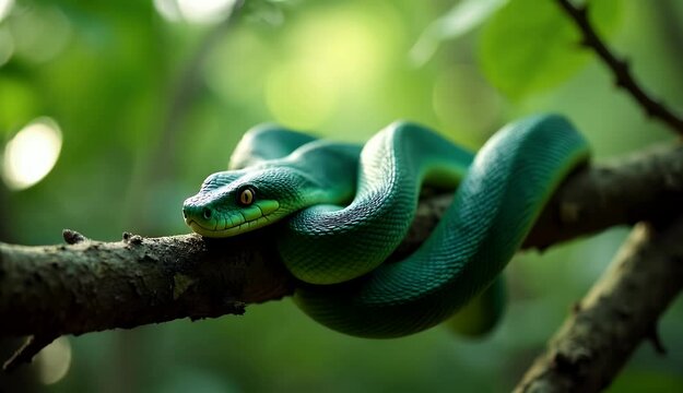 A vivid green pit viper positioned on a branch amidst softly focused leaf background.