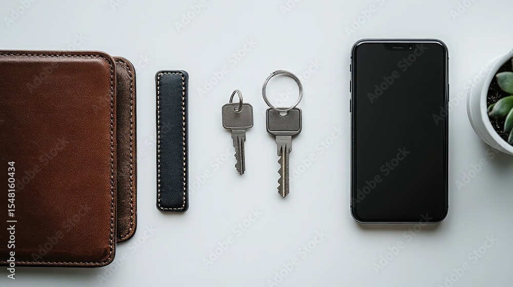 Poster flat lay of minimalist keychain and keys beside a phone and wallet in an organized setup