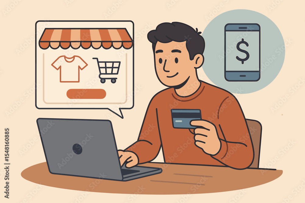Poster man shopping online with credit card and laptop computer. e-commerce and internet payment system con