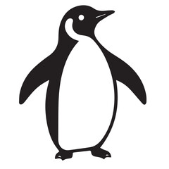 A bold black and white vector illustration of a penguin standing upright with its wings at its sides, on a white background.