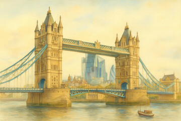 A watercolor illustration of London's Tower Bridge, showcasing its towers and suspension cables with modern skyscrapers