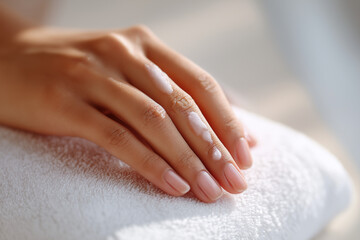 Naklejka premium Close-up of healthy hands with lotion, care and wellness theme, soft lighting.