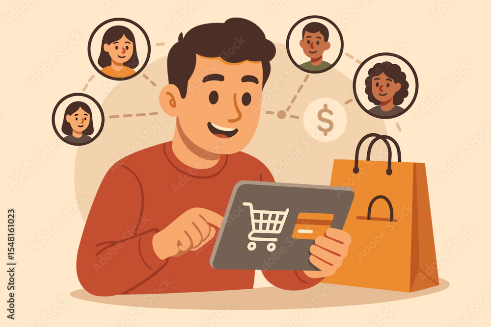 Poster man using tablet for online shopping and making secure digital payment. e-commerce concept with cust