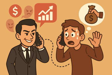 Cartoon vector illustration of phone scammer deceiving victim with fake investment scheme, financial fraud, telephone phishing, social engineering, money theft, online scam, cyber crime concept