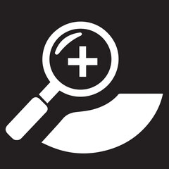 Fototapeta premium A white vector icon on a black background showing a magnifying glass with a plus sign, indicating a zoom-in function.