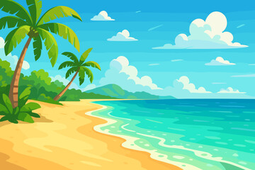 Idyllic tropical beach landscape with golden sand, turquoise water, lush palm trees, clear sky, exotic coastline and distant mountains. Summer paradise vector cartoon background illustration