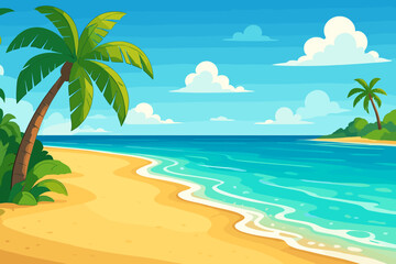 Fototapeta na wymiar Idyllic tropical beach with golden sand, turquoise crystal clear sea, palm trees, blue sky, fluffy clouds. Vector cartoon landscape. Summer paradise island coast, exotic shoreline, serene seascape