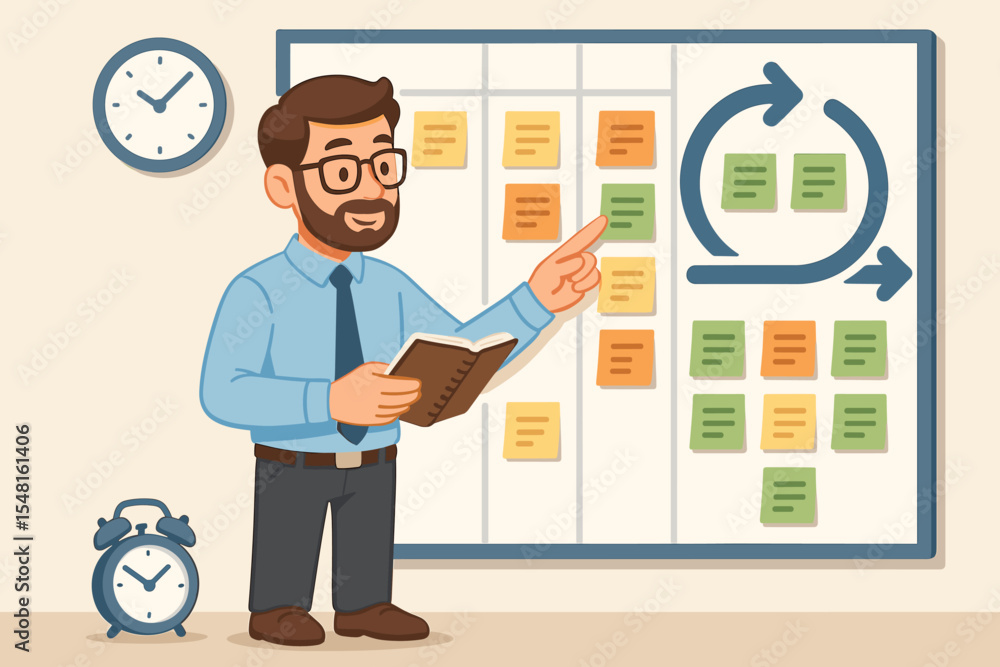 Poster agile project manager planning sprints with scrum task board, sticky notes, time management, workflo