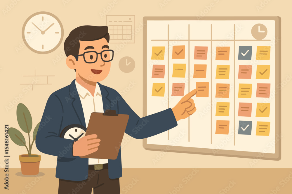 Poster project manager organizing tasks on scrum board, team leader holding clipboard and clock, agile work