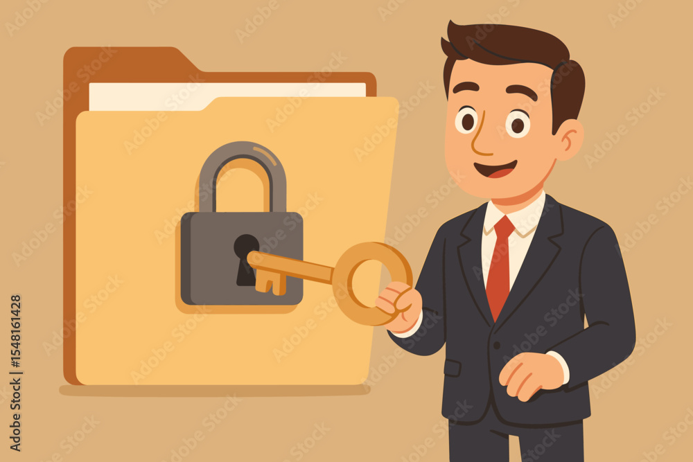 Poster businessman unlocking secure folder with key. data protection, confidential information security, ac