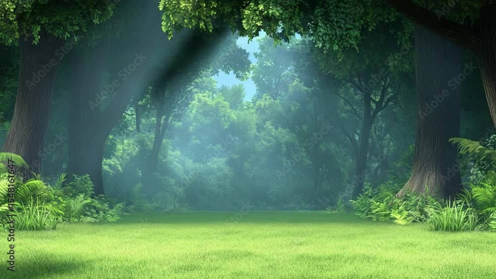 Poster mystical forest clearing: sunbeams pierce through the canopy, illuminating a verdant glade, creating