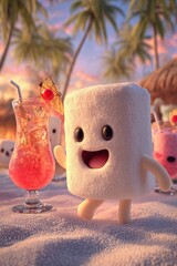 Cute smiling marshmallow character celebrates on the beach with a colorful drink.