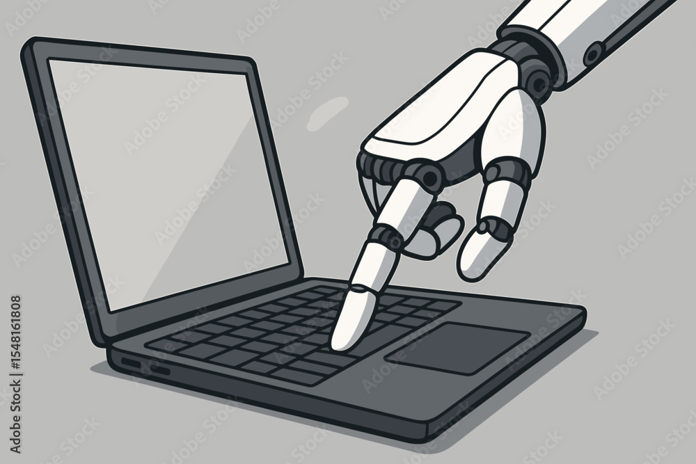 Poster robot hand pressing laptop keyboard key. artificial intelligence technology automation. machine lear