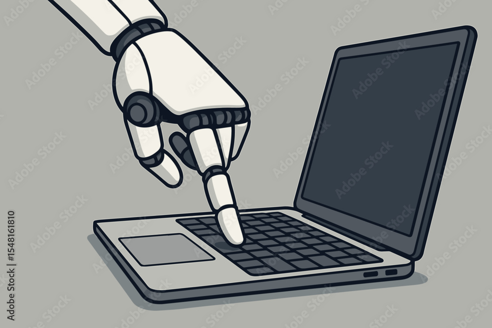 Poster robotic hand pressing laptop keyboard key, artificial intelligence automation, machine learning tech