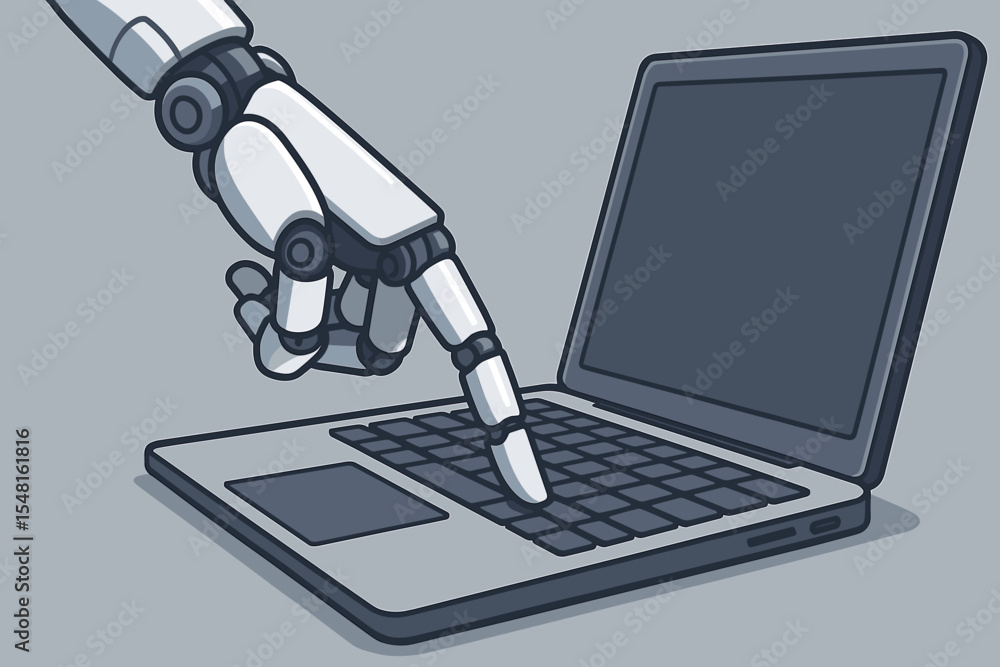 Aufkleber robotic hand pressing laptop keyboard, artificial intelligence automation concept. futuristic robot 