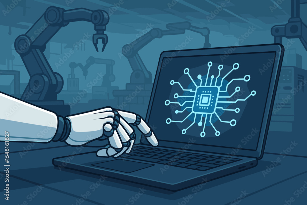 Poster robotic hand operating laptop with digital microchip network, smart factory automation, ai technolog