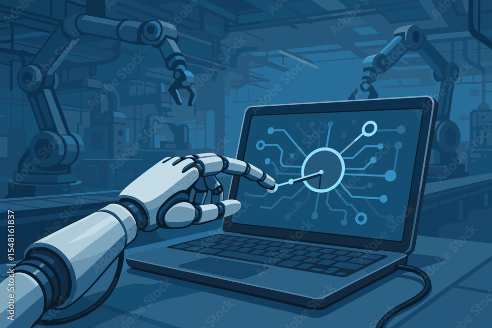 Aufkleber robotic hand operating industrial control interface on laptop, smart factory automation, artificial 