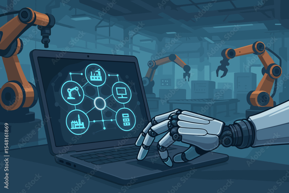 Poster futuristic robotic hand operating laptop with industrial network interface in smart factory automati