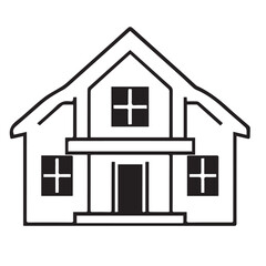 A simple black outline vector drawing of a two-story house with a pitched roof, windows, and a front door, on a white background.