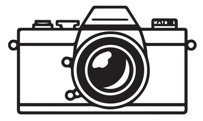 A black and white outline vector illustration of a vintage film camera with a prominent lens, showing classic photographic equipment.