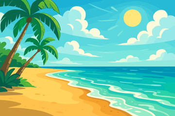 Fototapeta na wymiar Tropical paradise beach illustration with golden sand shoreline, gentle turquoise waves, leaning coconut palm trees, lush green foliage, bright sun and fluffy clouds in a sunny summer vacation scene