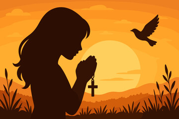 Silhouette woman praying with cross at sunset, faith hope spirituality, flying bird freedom, peaceful nature landscape, religious meditation, Christian prayer, spiritual evening illustration