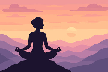 Serene silhouette of woman meditating in lotus pose on mountain peak at pastel sunset, peaceful mindfulness, yoga and meditation, tranquil landscape, relaxation, self-care vector illustration